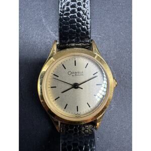 Caravelle by Bulova 48J83 Gold Tone Genuine Black Leather Strap Watch WR